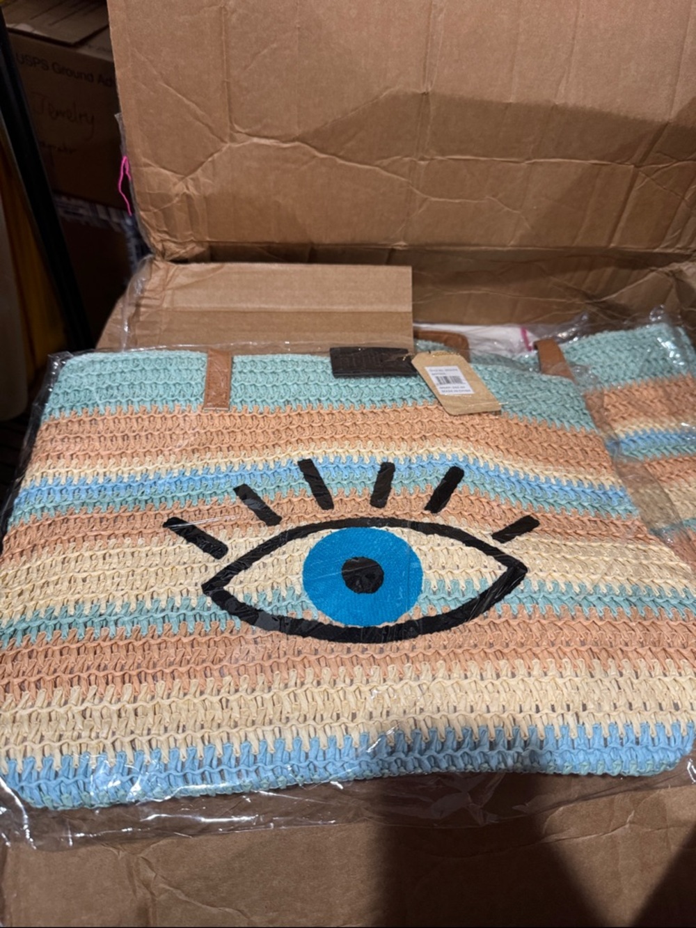 Handwoven Striped Eye Tote Bag - Blue & Tan
